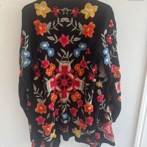 Johnny Was BIYA Black Embroidered Floral Boho Sweater Size M
